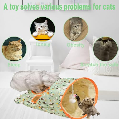 Cat Tunnel Bag for Indoor Cats, Foldable Pet Tunnel Crinkle Sack Bag with a Little Mouse & 3 Toy Ball, Portable Crinkle Paper Interactive Hide and Seek Cat Toys (Green) - color: Green