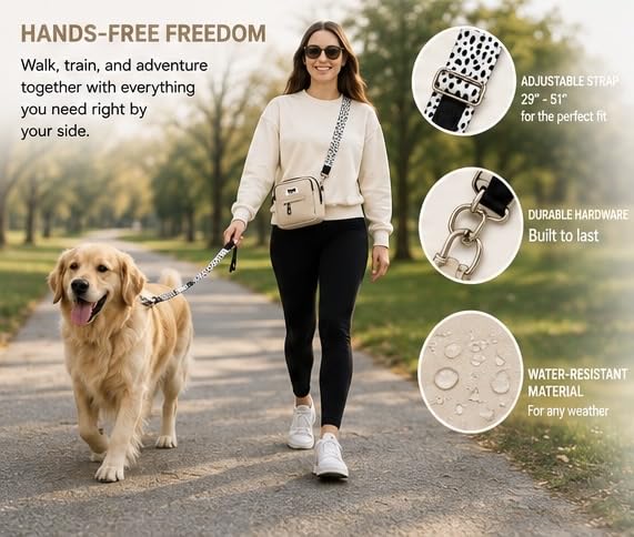 Hands-Free Dog Walking Crossbody for Training, Treat Pouch, Built-in Poop Bag Dispenser, Used Bag Hook & Bonus Tripod (Beige) - color: Beige