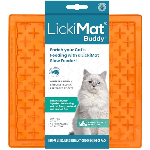 LickiMat Classic Buddy, Cat Slow Feeder Lick Mat, Boredom Anxiety Reducer; Perfect for Food, Treats, Yogurt, or Peanut Butter. Fun Alternative to a Slow Feed Cat Bowl or Dish, Orange - color: Orange