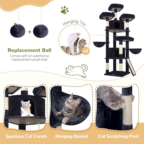 Globlazer 80 Inch Cat Tree for Large Cats, Tall Cat Tower for 4+ Cats, Multi-Level Cat Tree Tower with 2 Condos, 3 Perches, Hammock and 7 Sisal Scratching Posts, F80H, Dark Gray - color: Dark Gray, size: 80 Inch