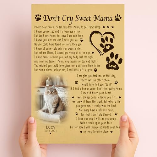 KiKiLuna Personalized Pet Memorial Canvas, Don't Cry Sweet Mama Poem Wall Art, Custom Photo Name Dates, Framed Poster Gift for Dog Mom Cat Mom Loss - color: Design 1