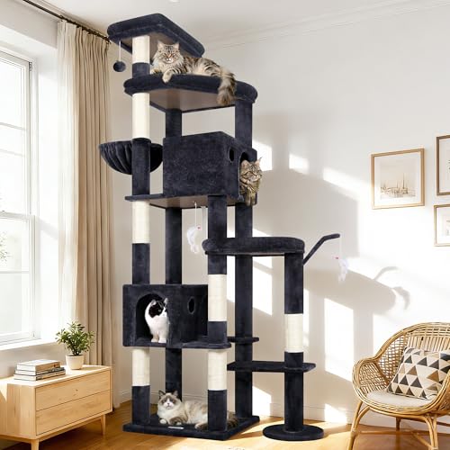 Globlazer 83 Inch Cat Tree Tower for Large Cats, Big Cat Tree for Multi-Cat Household with 2 Condos, 7 Sisal Posts, 2 Perches and Hammock, Sturdy Tall Kitten Activity Center, S83, Dark Gray - color: Dark Gray, size: 83 Inch