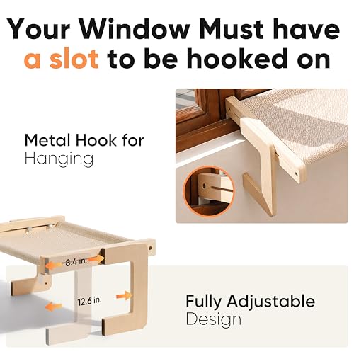 FUKUMARU Cat Window Perch, Sturdy Wood Hammock Window Bed for Indoor Cats - color: Beige