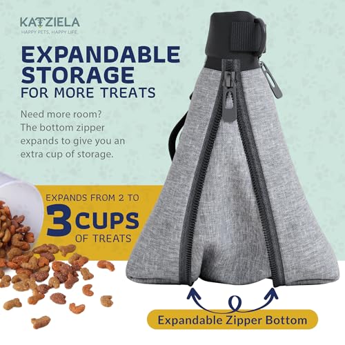 Katziela Expandable Pet Treat Pouch - Hands Free Dog Treat Pouch, Quick Access Magnet Closure - Anti Spill Dog Treat Bag - Treat Pouches for Pet Training, Adjustable Shoulder Strap & Belt Clip (Grey) - color: Grey