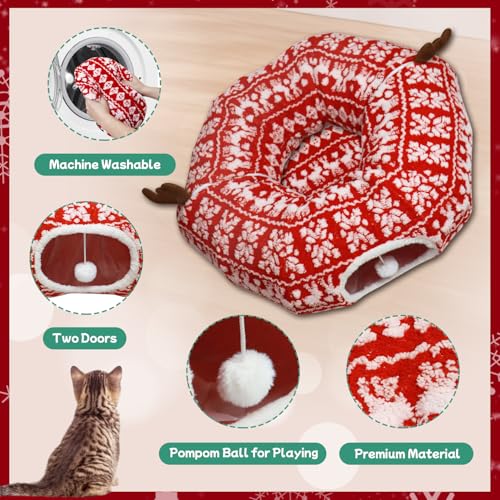 Cat Tunnel Christmas Tree Skirt, Multifunctional Christmas Tree Protector Washable Indoor Cat Donut Cave Bed with Interactive Toys Kitty Hideout Tubes for Small Animal,32"×10", (Plush, Reindeer) - color: Plush, Reindeer