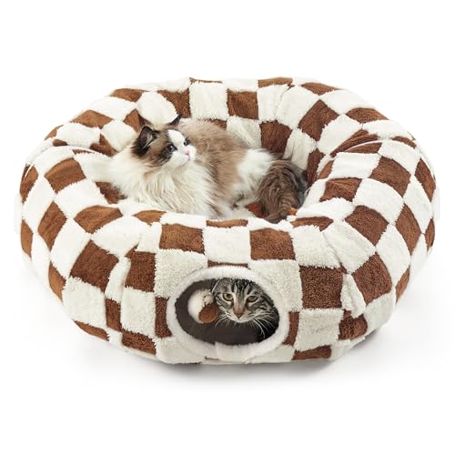 Lesure Donut Cute Jacquard Cat Tunnel Bed Kitten Toys for Puppy Bunny - color: Brown Checks, size: Standard (33.5"L x 33.5"W x 10"H)