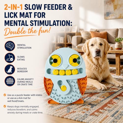 Slow Feeder Dog Bowl and Lick Mat, Owl Puzzle, 9.45 x 12 in - color: pink