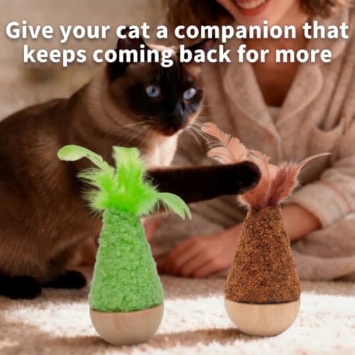 2 Pack Cat Feather Toys Wooden Tumbler - Interactive Wobble Self-Righting Plush Stuffed Toys for Indoor Cats & Kittens, Catnip Free Cute Kicker Chaser Set