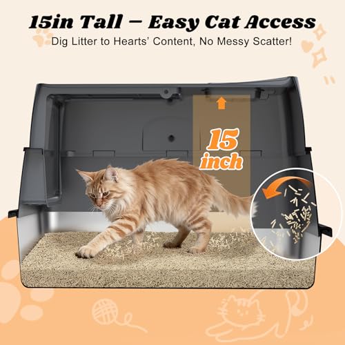 AIPERRO Enclosed Stainless Steel Cat Litter Box with Lid High Sided - color: Transparent Grey, size: X-Large