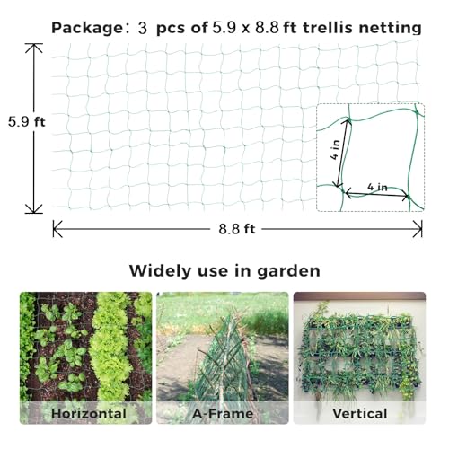 Kikhope Trellis Netting for Climbing Plants, 3 Pack 5.9x8.8 ft Trellis Net - size: 5.9ft x 8.8ft (3 Packs)