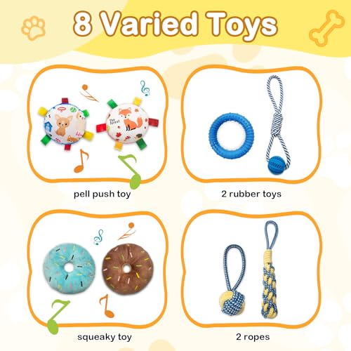 Puppy Play Gym with 8 Hanging Toys, Indoor Activity Gym for Small Dog with Enrichment Interactive Toy Adjustable PVC Frame Training Activity Center Puppies Entertainment, Teething (Yellow)