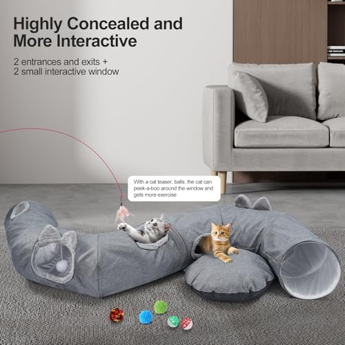 Odoland Linen Cat Tunnels & Central Cat Bed with 9 Interactive Cat Toys - color: Linen Cool Gray