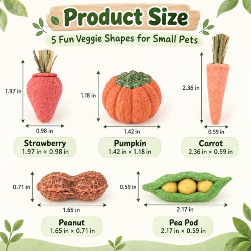 HERCOCCI 15Pcs Guinea Pig Chew Toys, Hamster Toys Prevent Excessive Teeth Growth Natural Vegetables Carrot & Timothy Grass for Guinea Pig Rabbit Chinchillas Gerbil