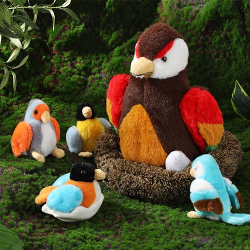 RoundFunny 7 Pcs Birds Stuffed Animals with Babies Egg and Nest - style: Bird
