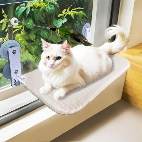Cat Window Perch Seat Hammock, Foldable Hammock with 4 Strong Suction Cups, Easy to Assemble and Cat Wand,Cream - color: cream