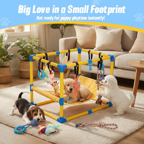 Puppy Play Gym with 8 Hanging Toys - color: Yellow, size: 22.28x16.65x17.71in