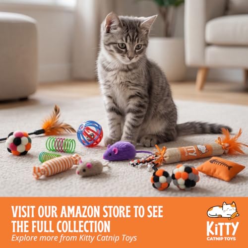 Kruncher Set, 34 to 44 Piece Interactive Cat Toy, Variety Pack Includes 2 Burlap Crinkle Kicker Toys with Feathers 30 Durable Cat Springs and 2 Soft Plush Pom Poms for Indoor Cats.