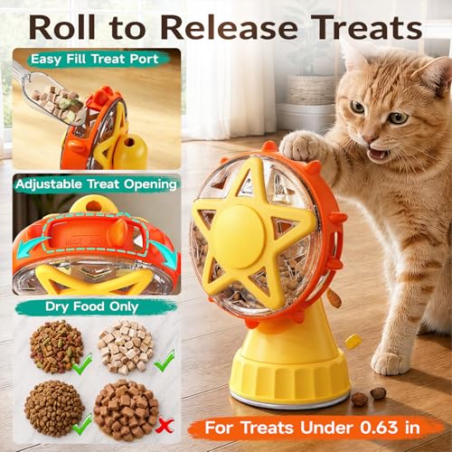 Interactive Cat Ferris Wheel Toy with Cat Wand, Rotating Treat Dispenser Puzzle Slow Feeder with Strong Suction Cup, Foraging Anxiety Relief Exercise Toy for Indoor Cats & Kittens (Yellow) - color: yellow-1
