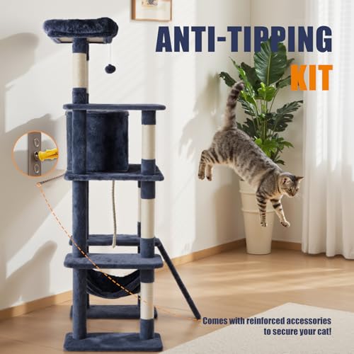 Sweetcrispy 63 Inch Cat Tree Tower with Natural Sisal Scratching Post - color: Dark Grey, size: 63IN