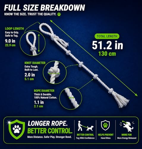 51" Extra Long Dog Rope Tug Toy with Loop Handle – 6-Knot Cotton Rope for Training, Tug-of-War & Interactive Play, Durable for Medium & Large Dogs, Indoor & Outdoor, Washable, White - size: XX-Large (51")