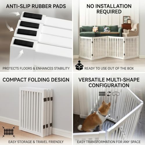 WELLAND Wooden Freestanding Dog Gate, Expandable Dog Gate, Indoor Pet Fence - color: White, size: 4 Panel 80" Wide