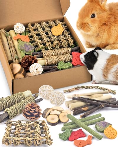 Bissap Rabbit Chew Toy, Natural Bunny Treats Snacks with Timothy Hay Water Grass Mat Chewing Bamboo Apple Sticks Box for Guinea Pigs Chinchillas Hamsters Gerbils and Other Small Pets Teeth Grinding