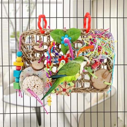 Hypeety Bird Toys Parrot Foraging Toys Bird Chew Toys Parakeet Shredding Seagrass Climbing Mat with Various Toys for Conure, Cockatiel, Lovebird, Parakeet, Budgie (M(Solla Ball)) - color: M(Solla Ball)