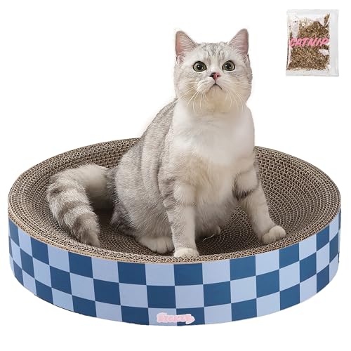 CSR1010B Nelson 20.13" Modern Cardboard Round Bowl Cat Scratcher with Catnip, Blueberry - color: Navy/Blue