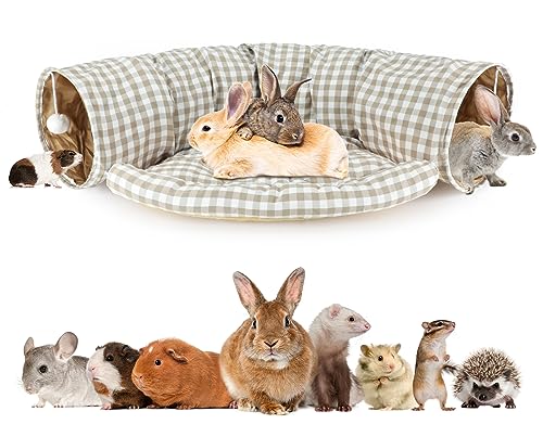 BWOGUE Bunny Tunnel Bed, 2-in-1 Collapsible Rabbit Tunnel Hideout with Mat - color: YellowPlaid