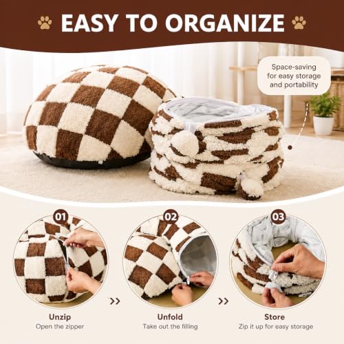 Cat Tunnel Bed with Washable Cushion for Indoor Cat, Donut Cave Tube Toys for Kitten Puppy Rabbit, Brown - color: Brown