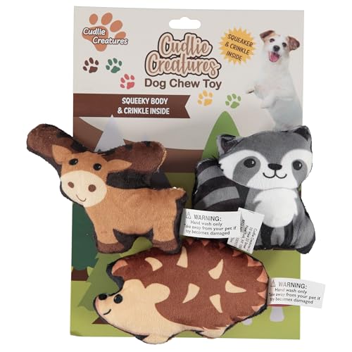 Cudlie 3 Pack Plush Dog Chew Toys – Soft Squeaky Puppy Toys for Small Dogs– 4" Durable, Cute & Safe Pet Toy Gift Set (Food, Fruit, Farm, Zoo & Safari Animal Themes) - color: Hedgehog Racoon Moose, style: 3 Pack 4 Inch