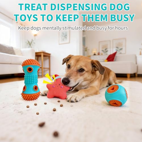 Dog Chew Toys 3 Pack, Squeaky Toy, Treat Dispensing Slow Feeder for Large and Medium Dog, Multifunctional Teeth Cleaning and Gum Massage (Dumbbell-Ball-Star) - color: Dumbbell-Ball-Star