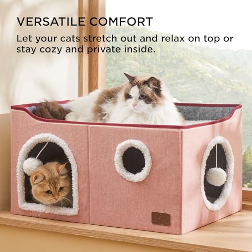 Bedsure Extra Wide Cat House Bed with Fluffy Ball and Scratch Pad,Pink - color: Pink, size: Widen