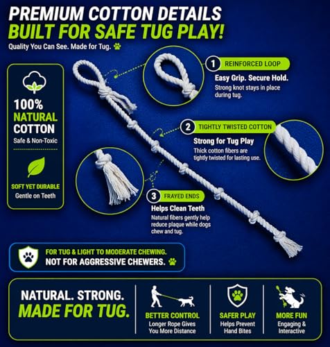 51" Extra Long Dog Rope Tug Toy with Loop Handle – 6-Knot Cotton Rope for Training, Tug-of-War & Interactive Play, Durable for Medium & Large Dogs, Indoor & Outdoor, Washable, White - size: XX-Large (51")