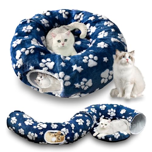 Cute Round Cat Tunnel for Indoor Cats, Blue Paw - color: Blue Paw, size: Round