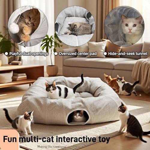 XxingSheep 4 Cave Premium Hemp Fabric XL Cat Tunnel Bed for Indoor Cats Cat Toys Cave Donut with Soft Mat - size: XL