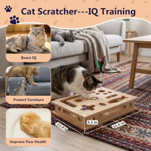 Wooden Cat Scratch Puzzle Enrichment Box,Interactive Cat Slow Feeder Maze Puzzle Toy,Durable Mental Stimulation Enrichment Toy.Relieve Boredom & Reduce Destructive Behaviors - style: Large 11.8×15.4IN