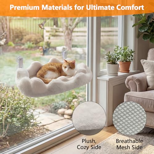 Homegroove Cat Window Perch, 24 x 12 Inch Foldable Cat Hammock for Window with 4-Sided Bolster & 4 Large Suction, Cloud Shape Cordless Window Bed for Indoor Cats (White, Large(24'' x 12'')) - color: White