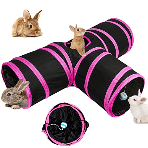 BWOGUE Bunny Tunnels & Tubes, 3-Way Collapsible Rabbit Hideout for Bunnies - color: Rose Red
