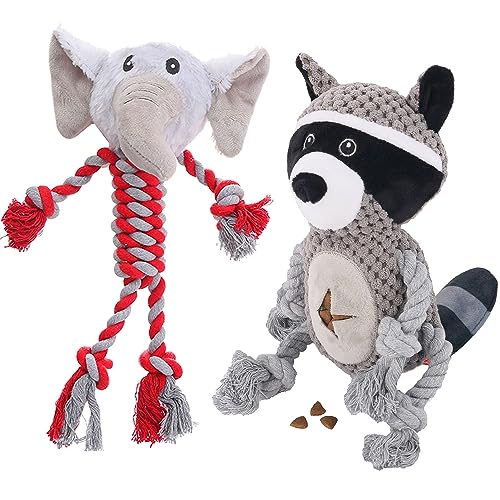 Elephant Rope Dog Toy, Plush Raccoon Squeaky Dog Toy, 2 Pack - color: Grey, Red
