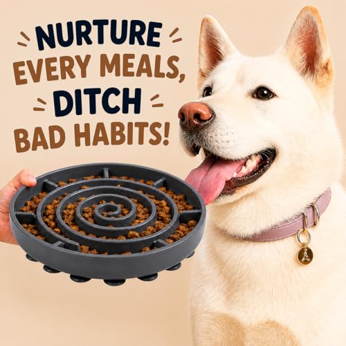 Woowoowoof Slow Feeder Dog Bowl | Medium Silicone Puzzle Feeder Improves Digestion 10x Slower Eating| Anti-Gulping Non-Slip Base, Helps Prevent Bloating |1L Capacity, 10.0in x 1.45in (Black) - color: Black, size: Medium