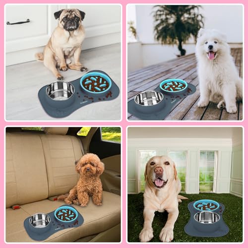 Slow Feeder Dog Bowls 3 in 1 Stainless Steel Food Water Bowl to Slow Eating - color: Light Grey, size: Small ＆ Medium Breed