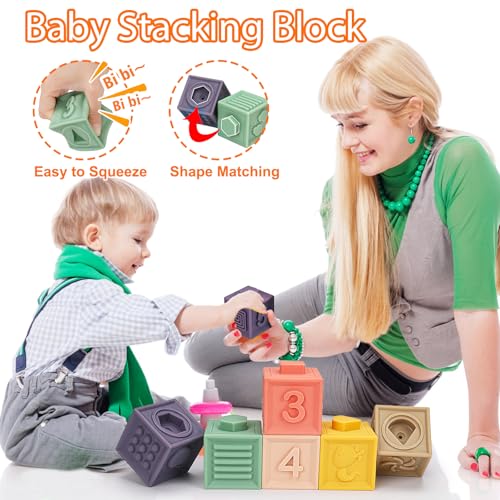 Qirptey Montessori Baby Toy,Stacking Cups Blocks Sensory Bin Teething Toys