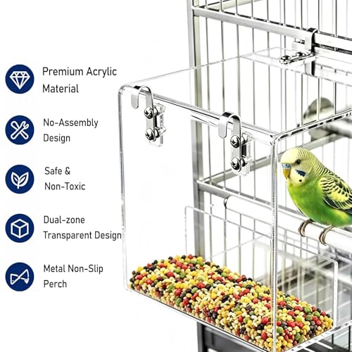 Hanging No Mess Bird Feeder for Cage, Transparent Acrylic Bird Feeder Cage - size: 5.1"L x 4.3"W x 5.1"H