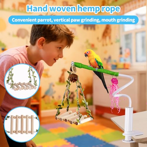 Bird Perch with Swing, Movable Desktop Stand with Clamp