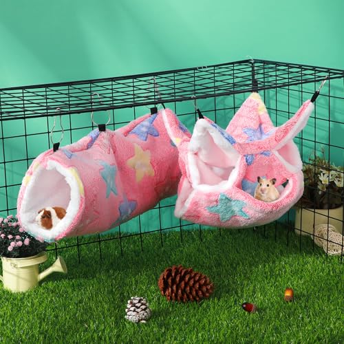 Sweetude 6 Pcs Rat Hammock Set Ferret Hanging Tunnel 3 Tier Guinea Pig Hammocks Hideout Soft Chinchilla Bed for Cage Accessories Hide,Play and Sleep(Dreamy,Star) - color: Dreamy