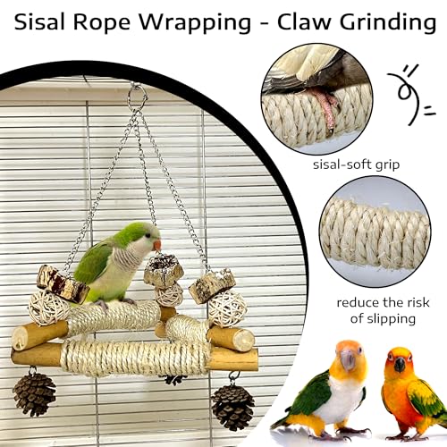 Bird Swing for Cage with Chew Toys, 3 Stable Sisal-Wrapped Perches(L) - size: L