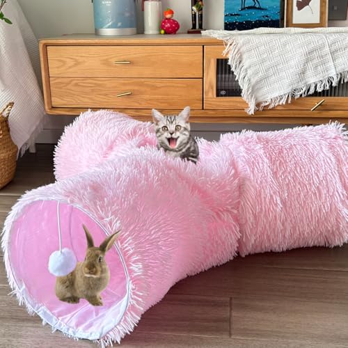 3-Way Collapsible Cat Tunnel Tube Toy Pink Plush - color: Pink Plush