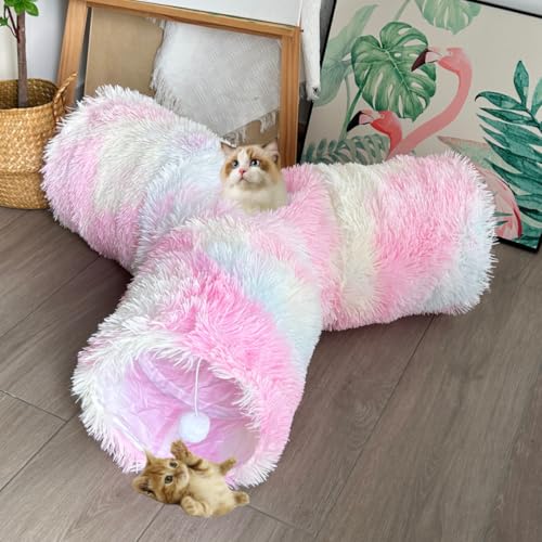 3-Way Collapsible Cat Tunnel Tube Toy Rainbow Plush - color: Rainbow Plush