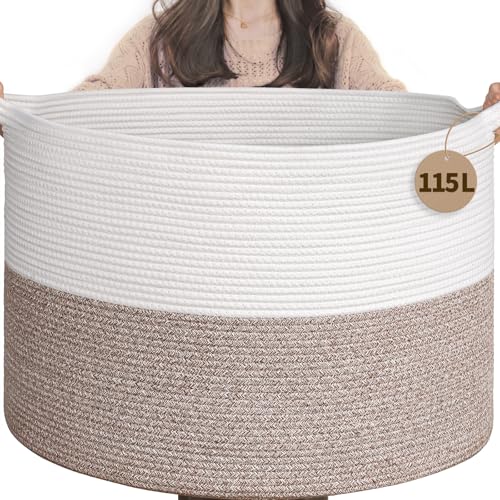 INDRESSME 115L Extra Large Woven Rope Blanket Basket Living Room, Brown - color: White & Brown, size: 23.6"D x 15.7"H